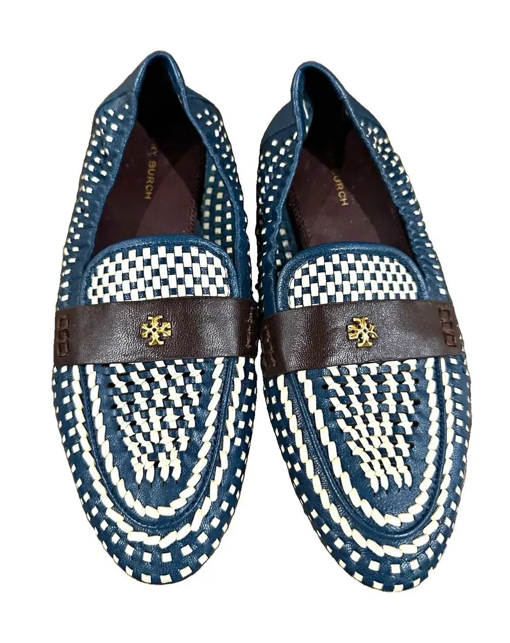 Tory Burch Woven Leather Slip On Loafer Flats Blue White Logo Womens US 6.5